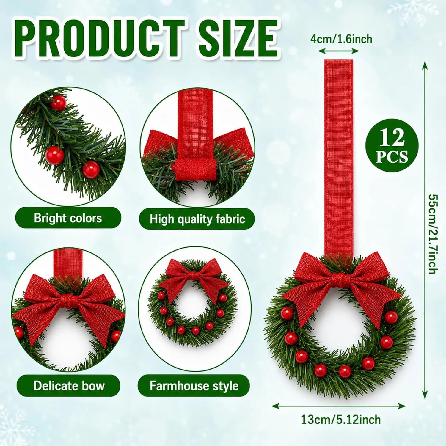 12-Piece Mini Christmas Wreath Set — Small Hanging Holiday Decor for Home and Office