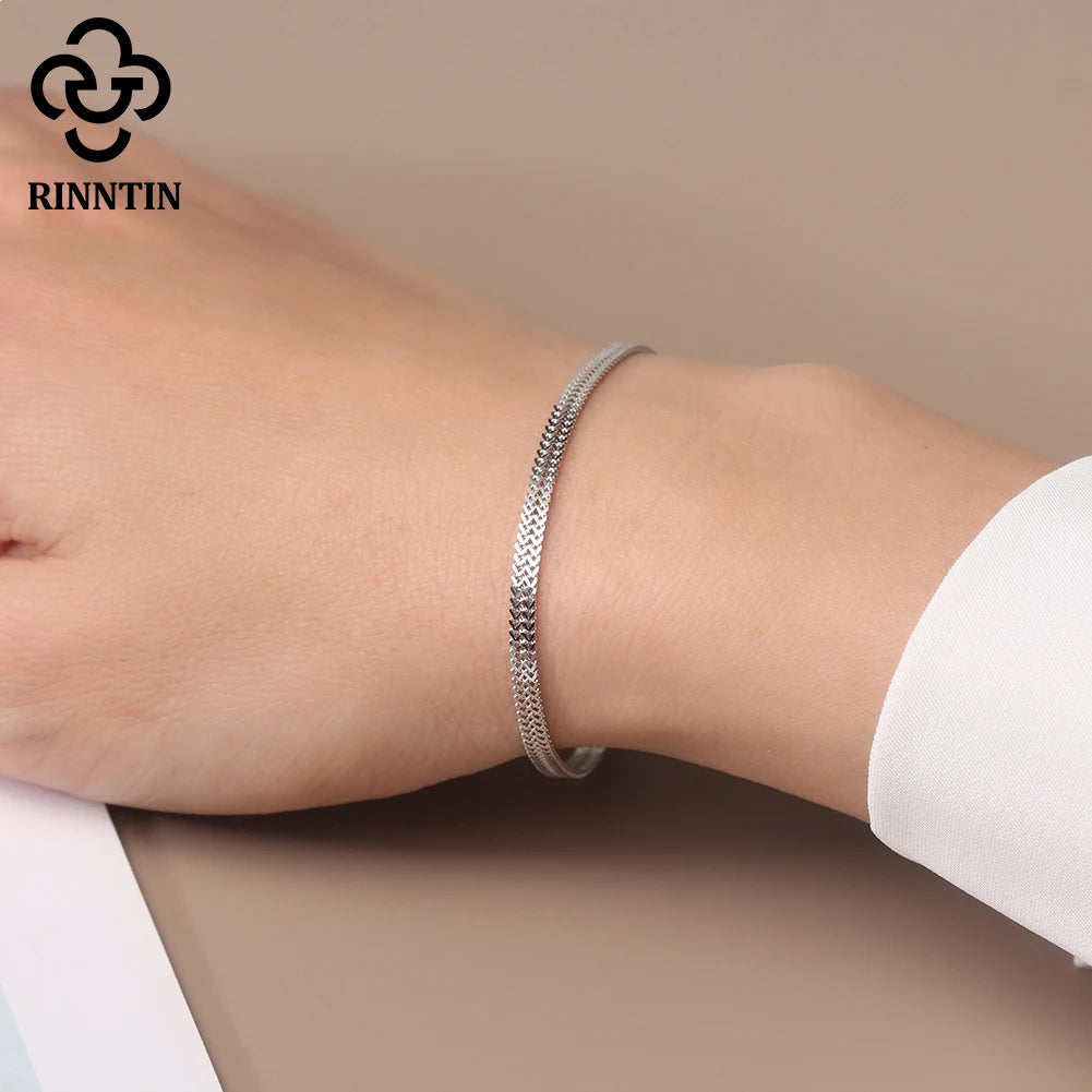 Rinntin 925 Sterling Silver Flat Mesh Bracelet — Classic Unisex Bangle Chain