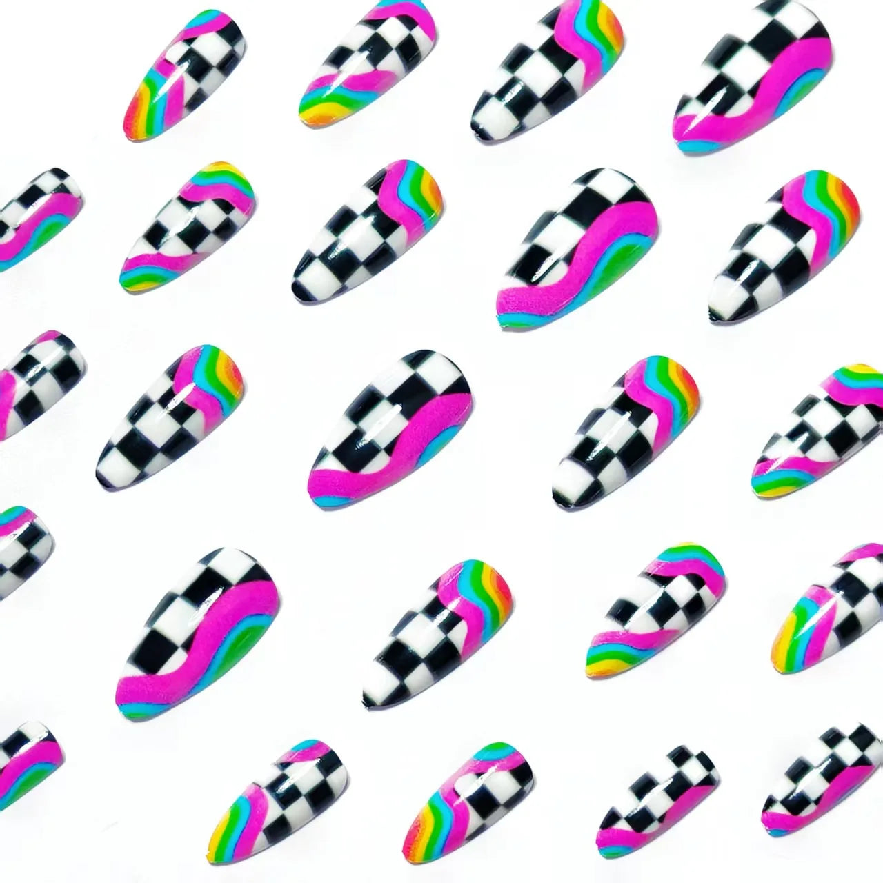 Stylebon Press-On Nails — Short Almond Checkerboard & Neon Design