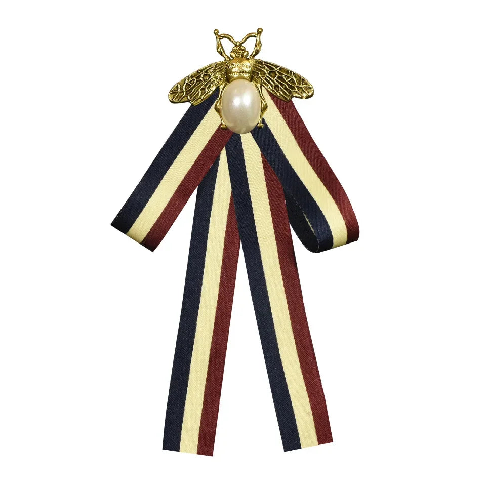 i-Remiel Retro Striped Bow Tie Brooch — Elegant Fabric Ribbon Lapel Pin