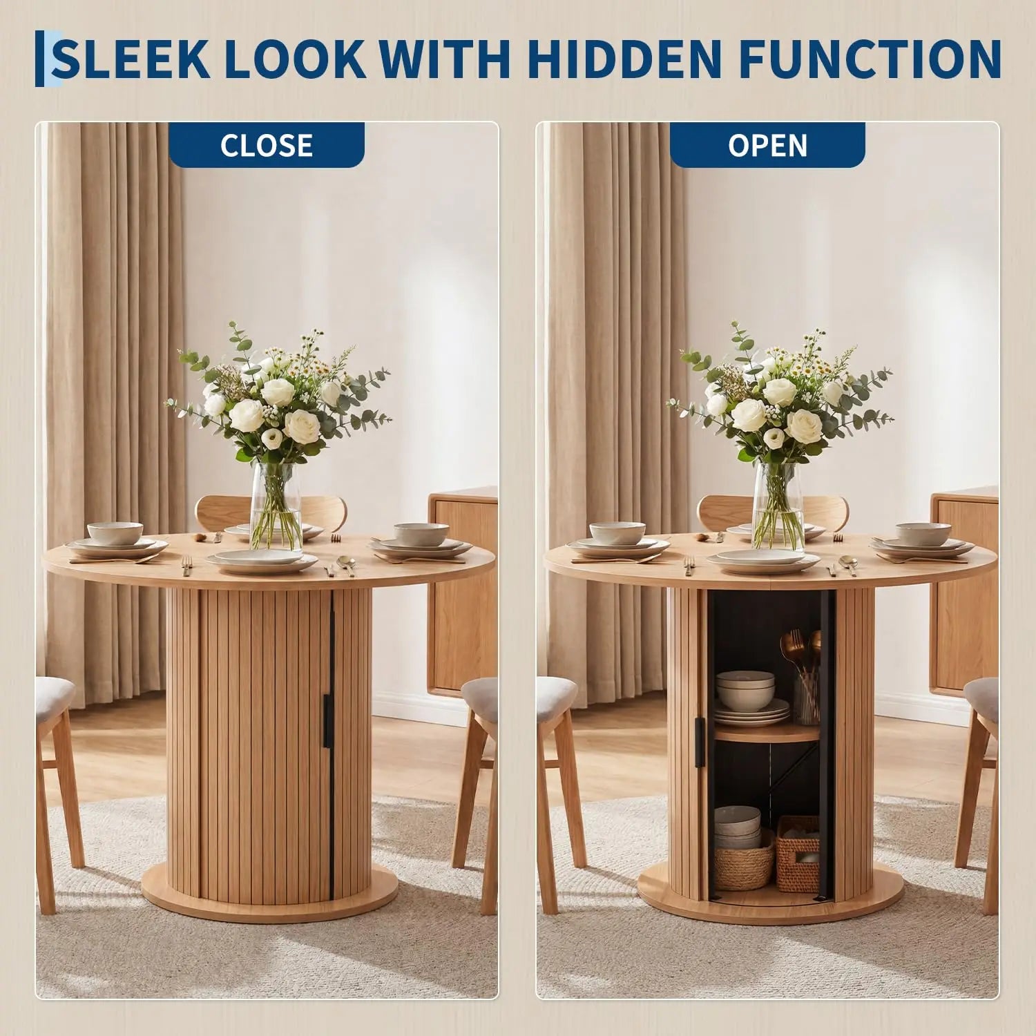 HiMISS Round Dining Table — Space-Saving Kitchen Table with Center Storage