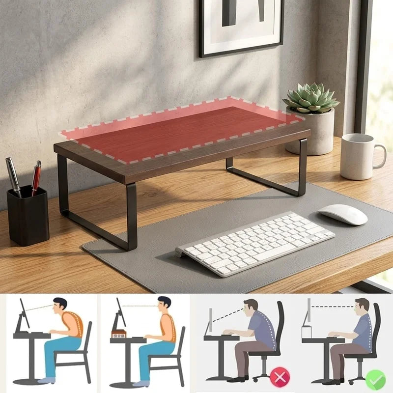 Wooden Monitor Stand Riser — Desktop Organizer with Storage Rack