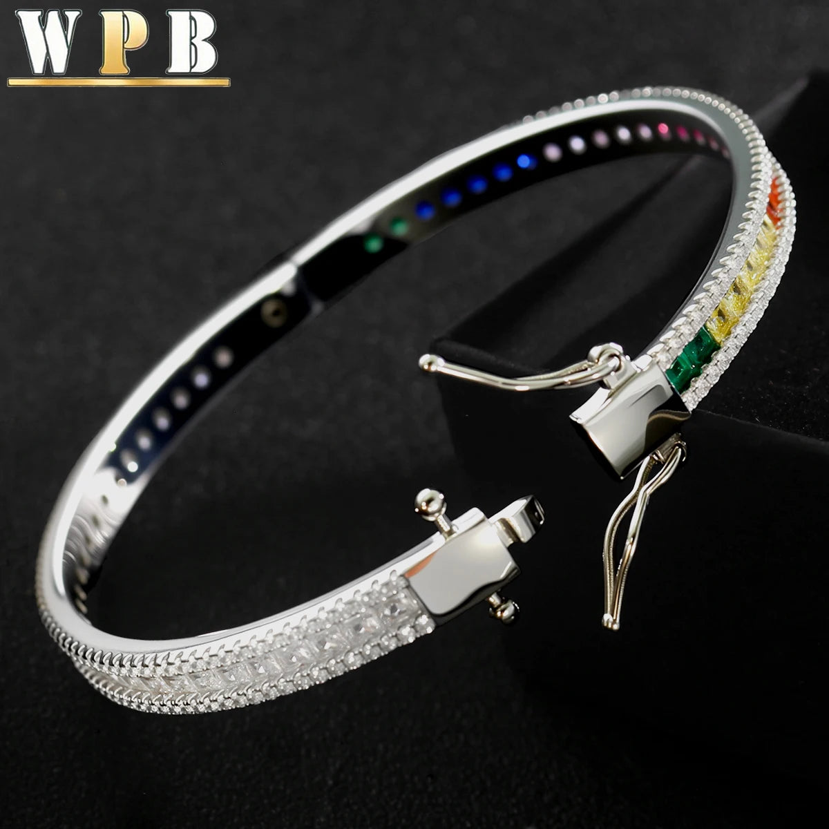 WPB Luxury Zircon Bangle — Colorful Rainbow Design Platinum-Plated Bracelet
