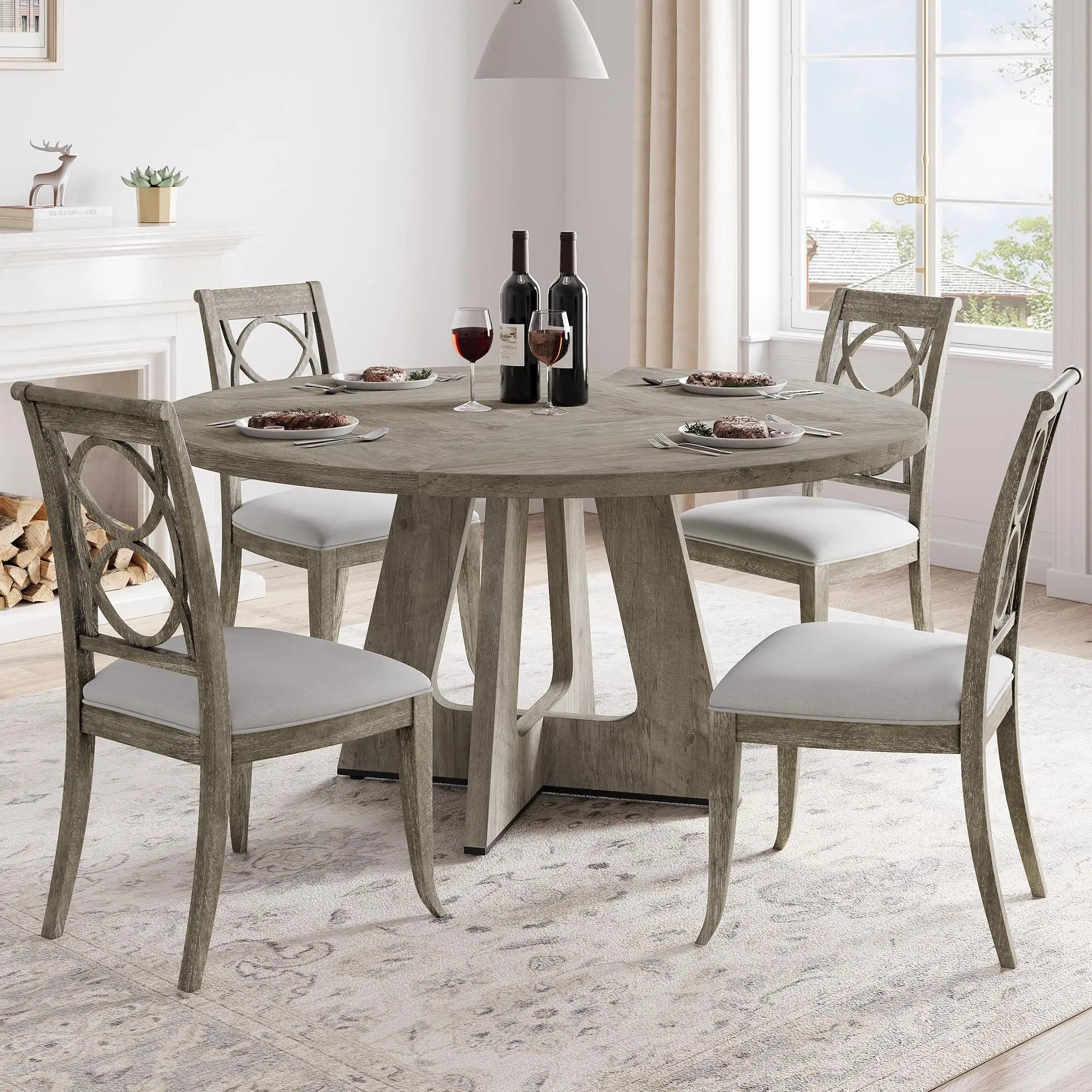 HiMISS 47 Inch Round Dining Table — Farmhouse Style Pedestal Base