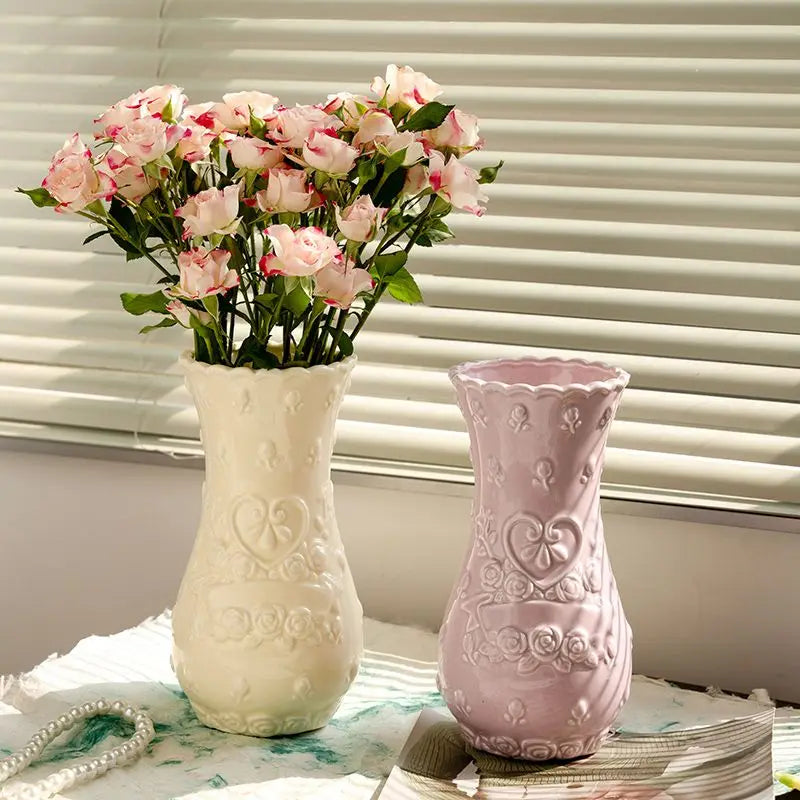 Retro Rose Relief Decorative Vase — European Style Imitation Ceramic Desktop Ornament