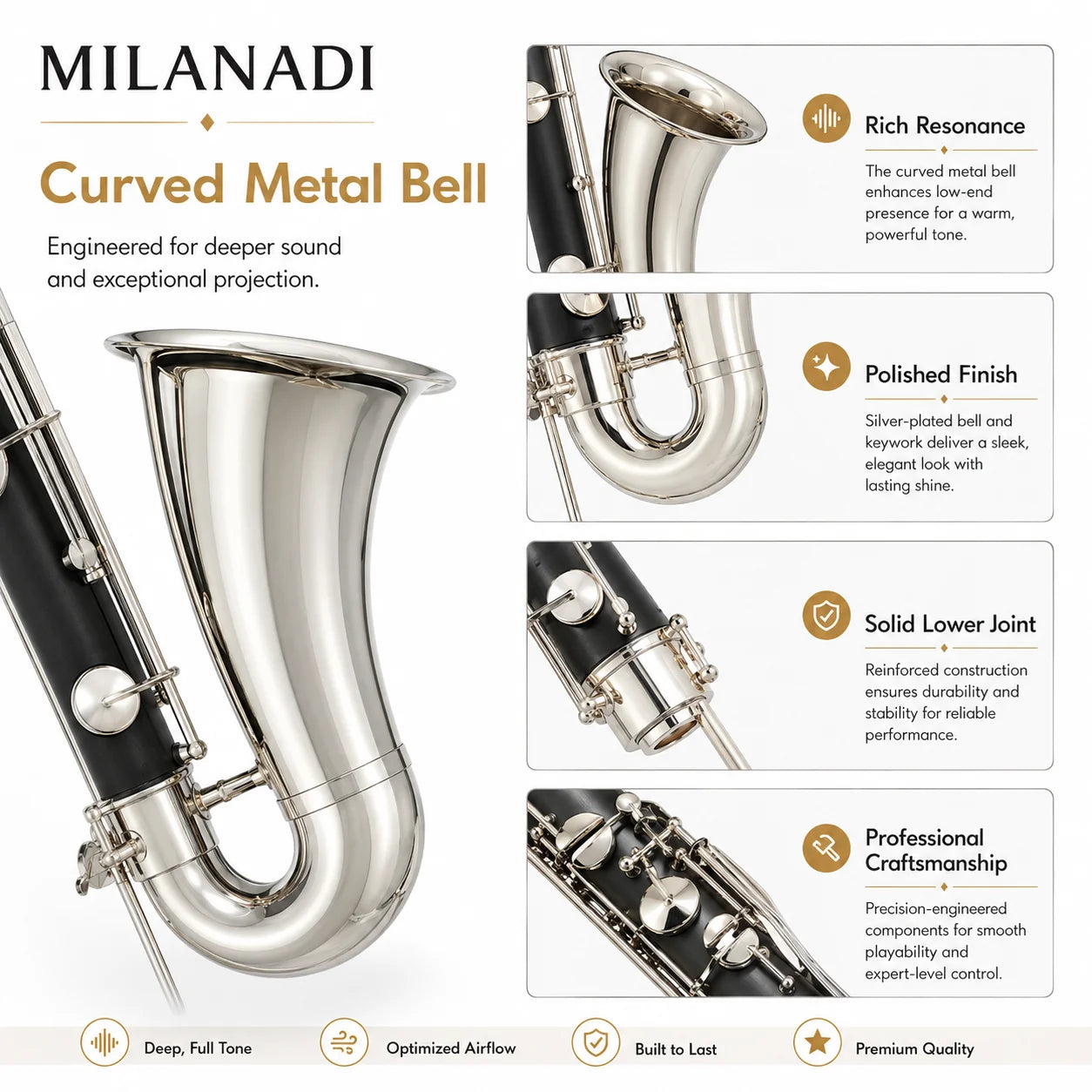 MILANADI M1994 Professional Bass Clarinet — ABS Body with Silver Plated Keys