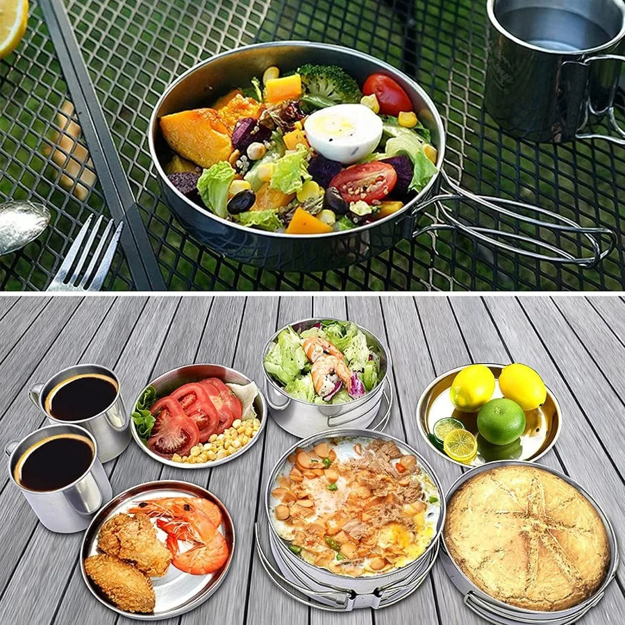 8-Piece Stainless Steel Camping Cookware Set — Portable Foldable Pot & Kettle