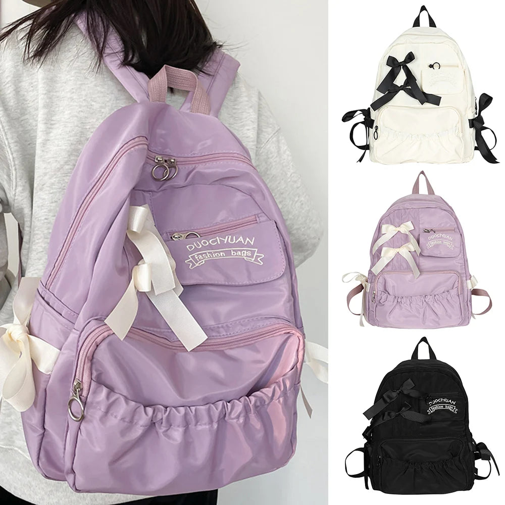 Cute Bow Canvas Backpack — Stylish College Style School Bag for Women