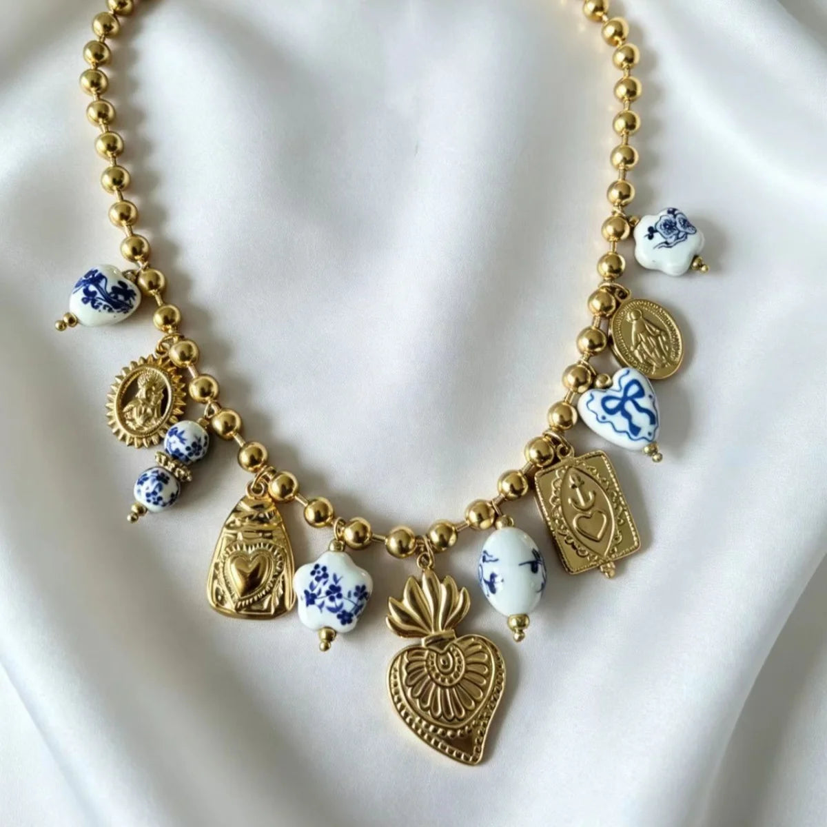 Obega Boho Porcelain Beaded Necklace — Sacred Heart Statement Jewelry