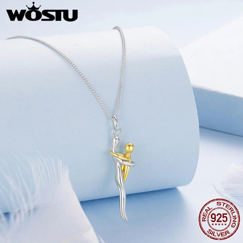 WOSTU Sterling Silver Hug Embrace Pendant — Two-Tone Matching Family Necklaces