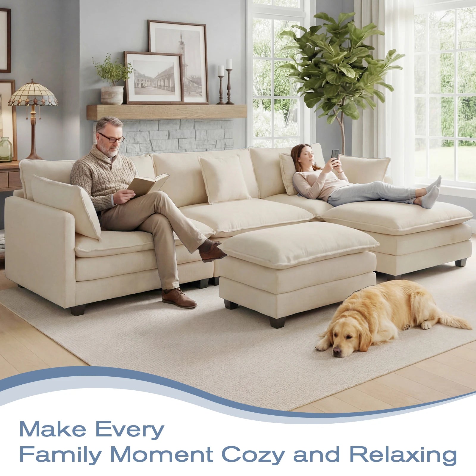 Modular Sectional Sofa with Ottoman — Comfy Cloud Couch with Deep Seating
