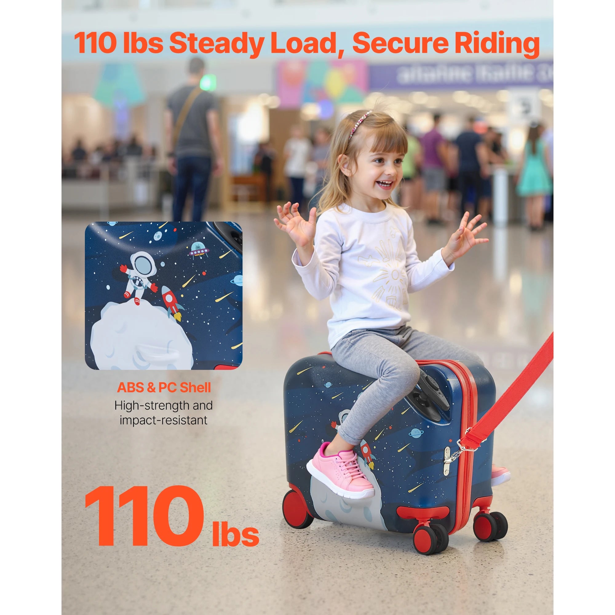 SucceBuy Ride-On Kids Luggage — 26L Carry-On Suitcase with Wheels