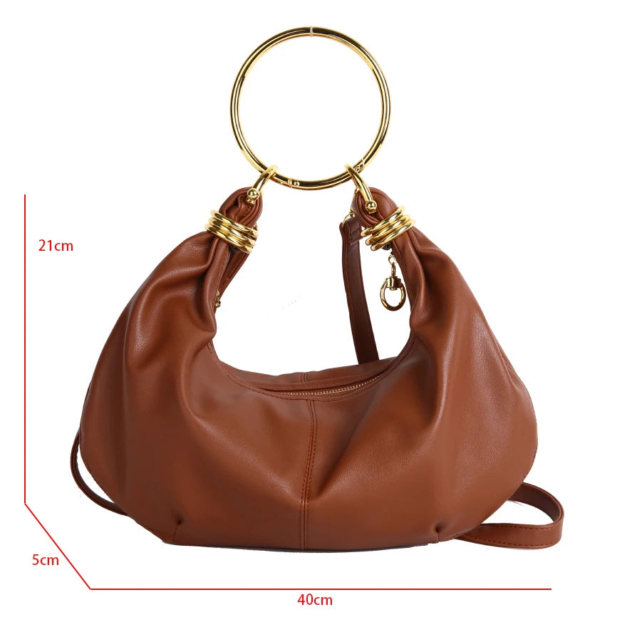 Elegant PU Leather Hobo Bag — Stylish Gold Ring Handle Tote
