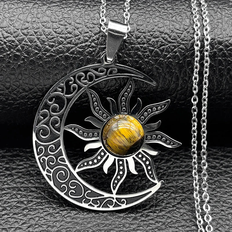 JYTF Moon and Sun Pendant Necklace — Vintage Stainless Steel Jewelry