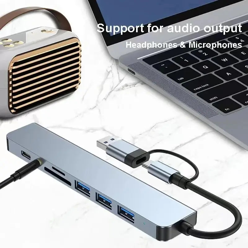8-in-2 Multi-Function USB Hub — High-Speed Docking Station with SD/TF Reader