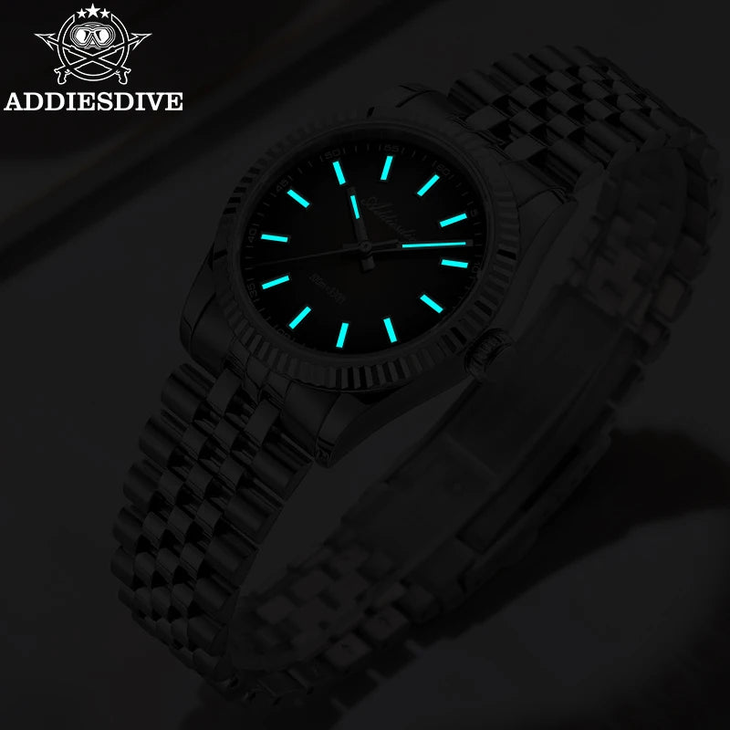 ADDIESDIVE 36mm Men's Quartz Watch — Luminous Jubilee Stainless Steel Strap
