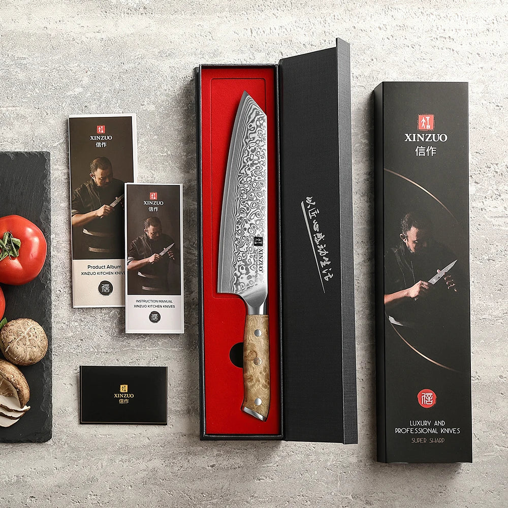 XINZUO Damascus Steel Bunka Knife — 8.3 Inch Handcrafted Slicing Tool
