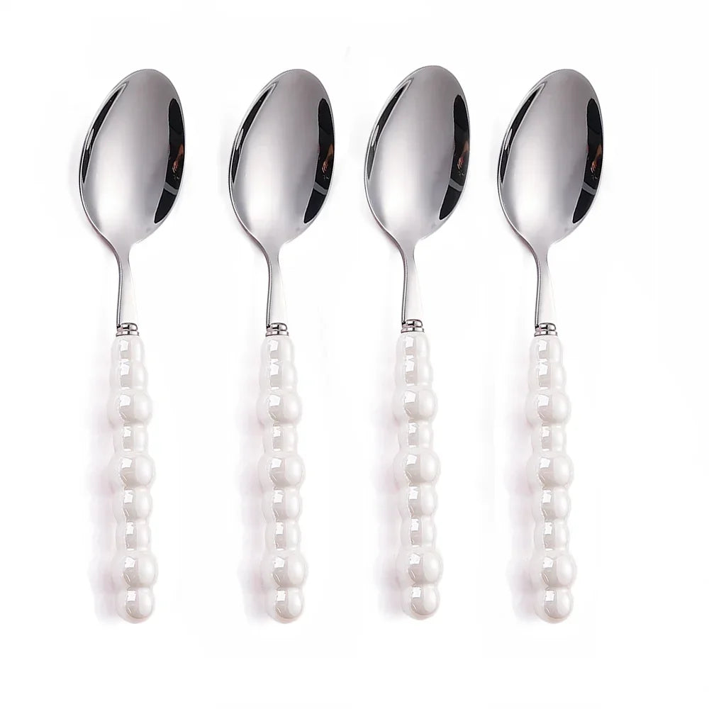 Luxury Ceramic Pearl Handle Cutlery Set — Stainless Steel Spoon and Fork Set