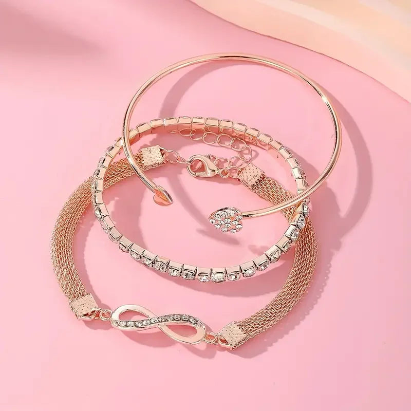 Vintage Crystal Rhinestone Heart Bracelet Set — Adjustable Geometric Bangle Jewelry