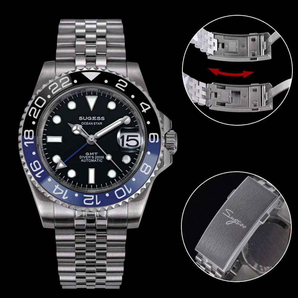 SUGESS GMT Diving Watch — Automatic Mechanical Peacock Movement