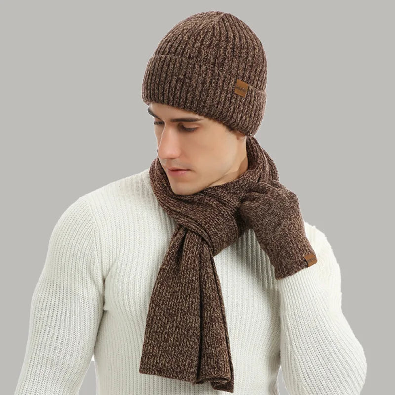 Kinelue Men's Winter Warmth Set — Knitted Beanie, Scarf & Touchscreen Gloves