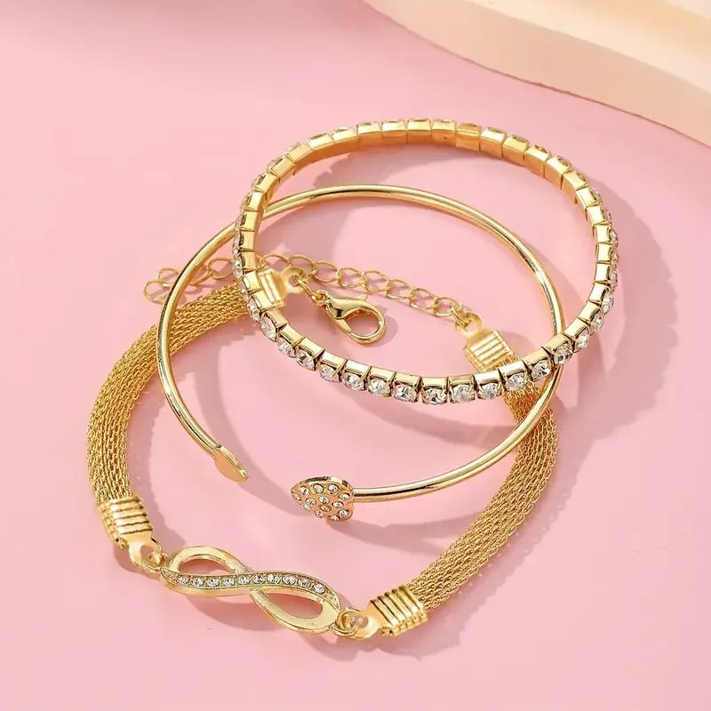 Vintage Crystal Rhinestone Heart Bracelet Set — Adjustable Geometric Bangle Jewelry