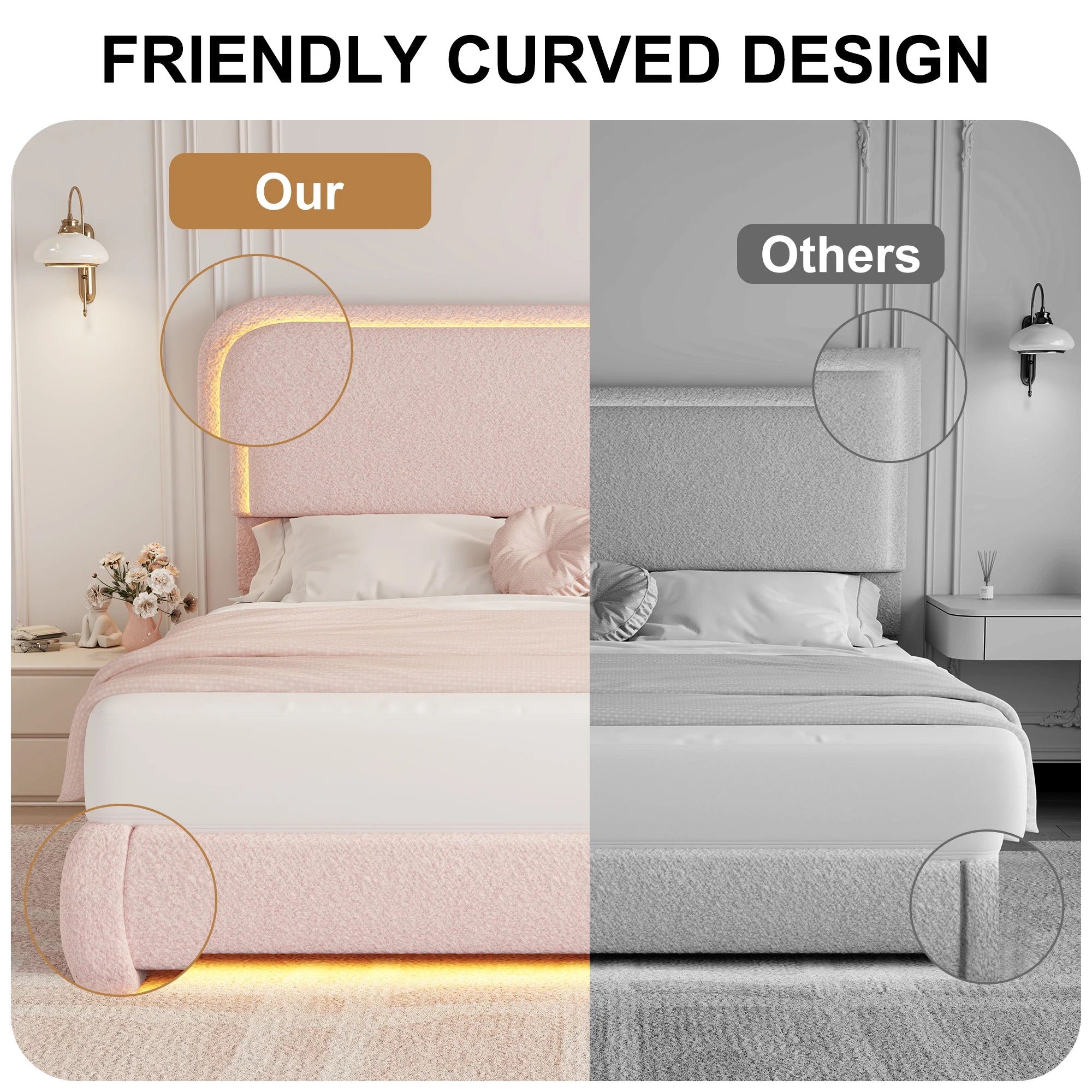 SIBEDS Teddy Fleece Upholstered Bed Frame — Modern Cloud Design with LED Lights