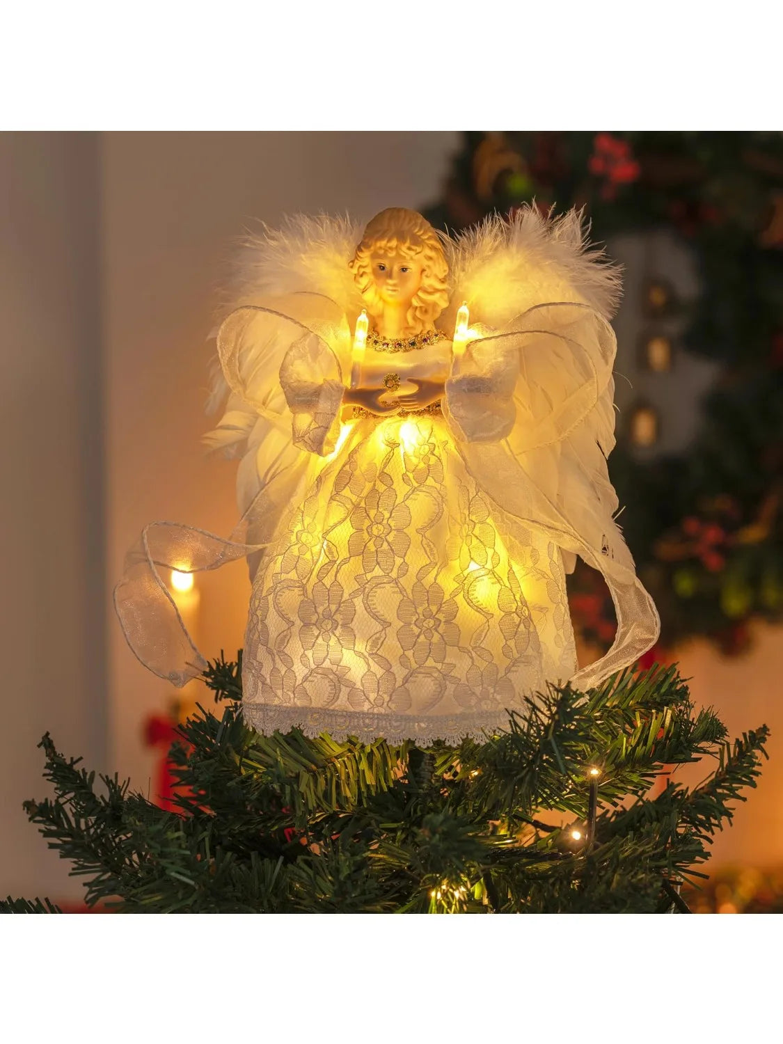 9'' Illuminated Angel Christmas Tree Topper — Battery Operated Ivory Ornament