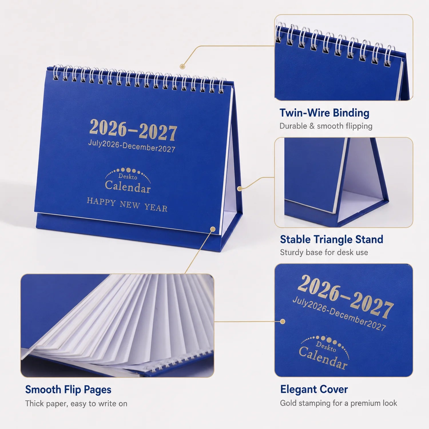 18-Month Desk Calendar — Foldable Stand & Gold Stamped Hard Cover