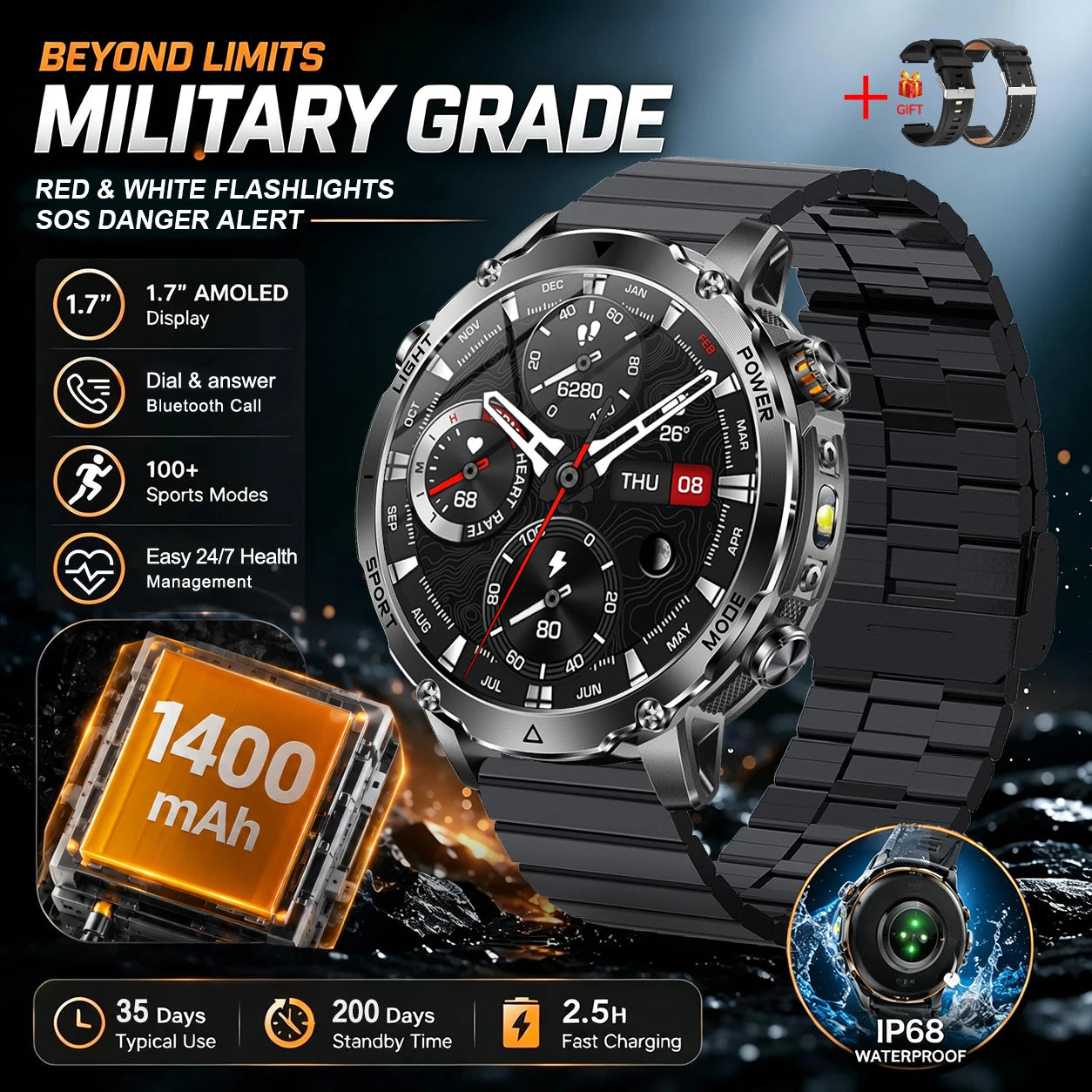 GUHUAVMI Military Smartwatch — 1400mAh Battery with GPS & Flashlight