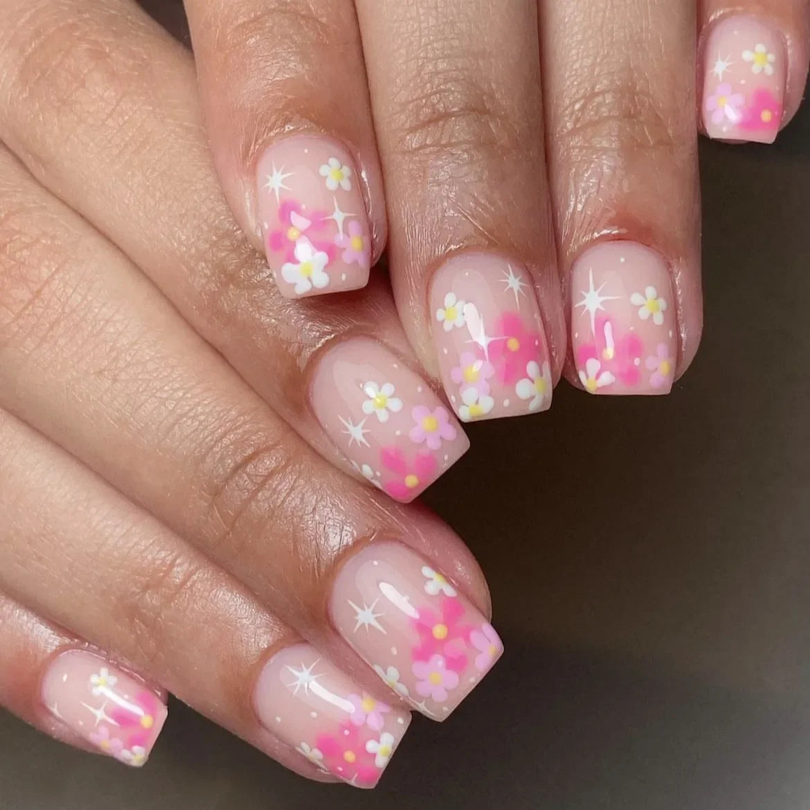 Pink Floral Press-On Nails — Short Almond French Tip Fake Nail Set