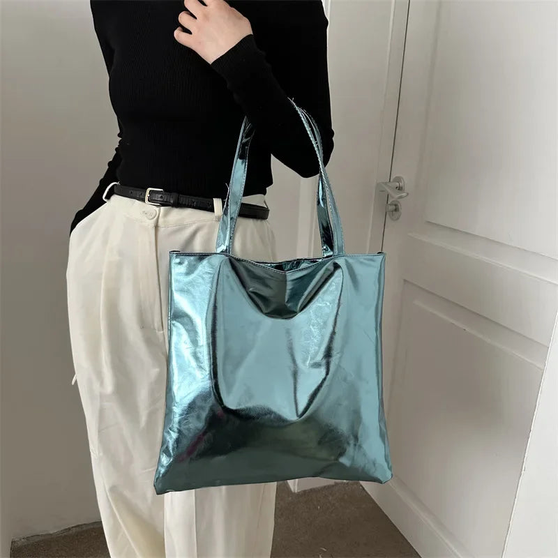 macroupta Glossy PU Leather Tote Bag — Large Capacity Fashion Shoulder Purse