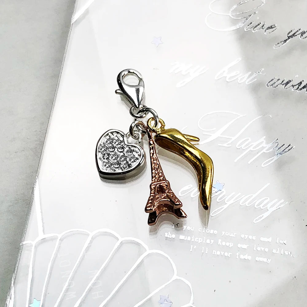 Thaddaeus Eiffel Tower & Heart Charm — 925 Sterling Silver Zircon Pendant