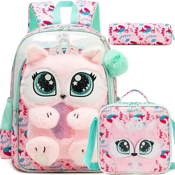 Cute Cartoon Plush Kids Backpack Set — School Bag with Lunch Box and Pencil Case