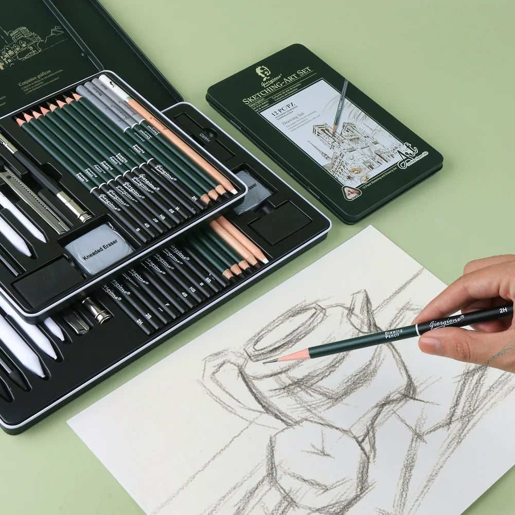 Charcoal Sketching Pencil Set — Professional Art Kit in Portable Green Tin