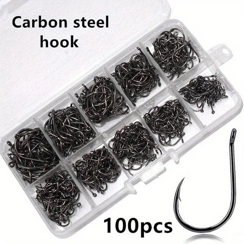 High Carbon Steel Fish Hooks — 100 Piece Set in Storage Box