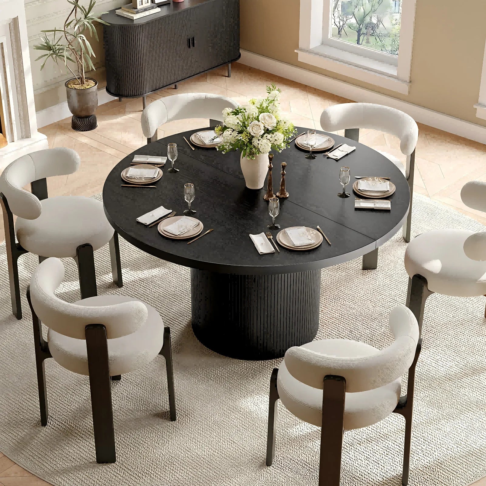 ONBRILL Round Fluted Dining Table — Modern 47 Inch Wood Kitchen Table