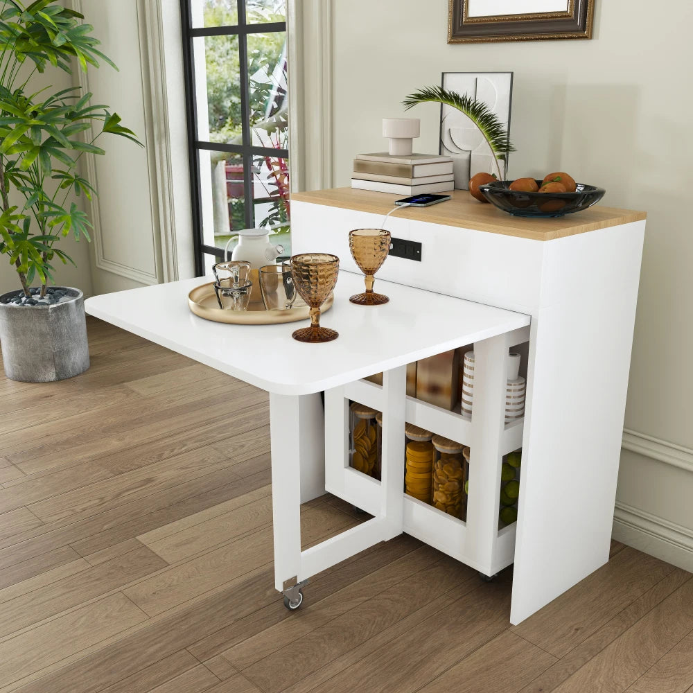 Orraves Extendable Dining Table — Space-Saving Kitchen Island with Power Socket