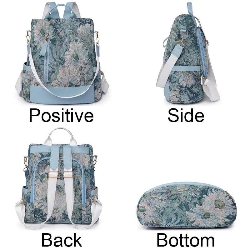Floral Embroidered Nylon Backpack — Large Capacity Travel Rucksack