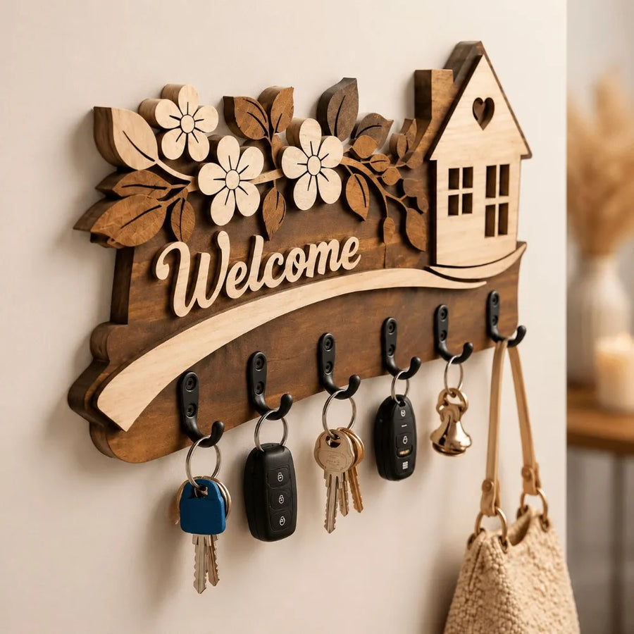 Farmhouse Wall-Mounted Key Holder — Multi-Tier Wood Organizer with Welcome Sign