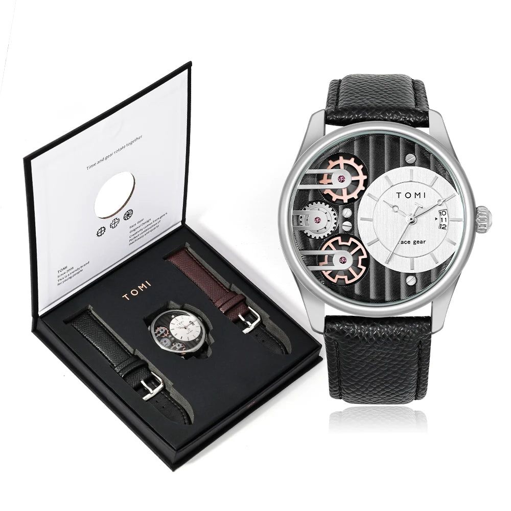 TOMI Men's Luxury Quartz Watch Set — Business Style with Detachable Straps