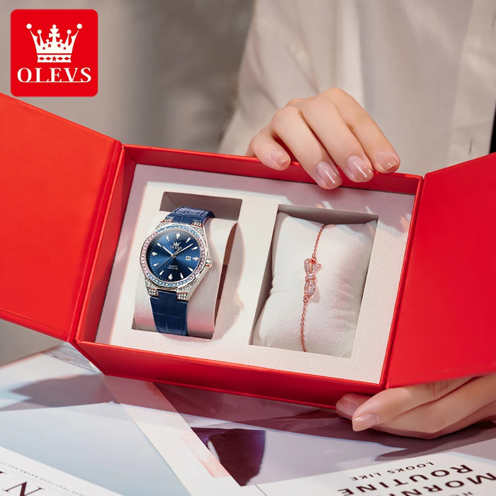 OLEVS Women's Luxury Quartz Watch — Diamond Lap Fashion Leather Strap