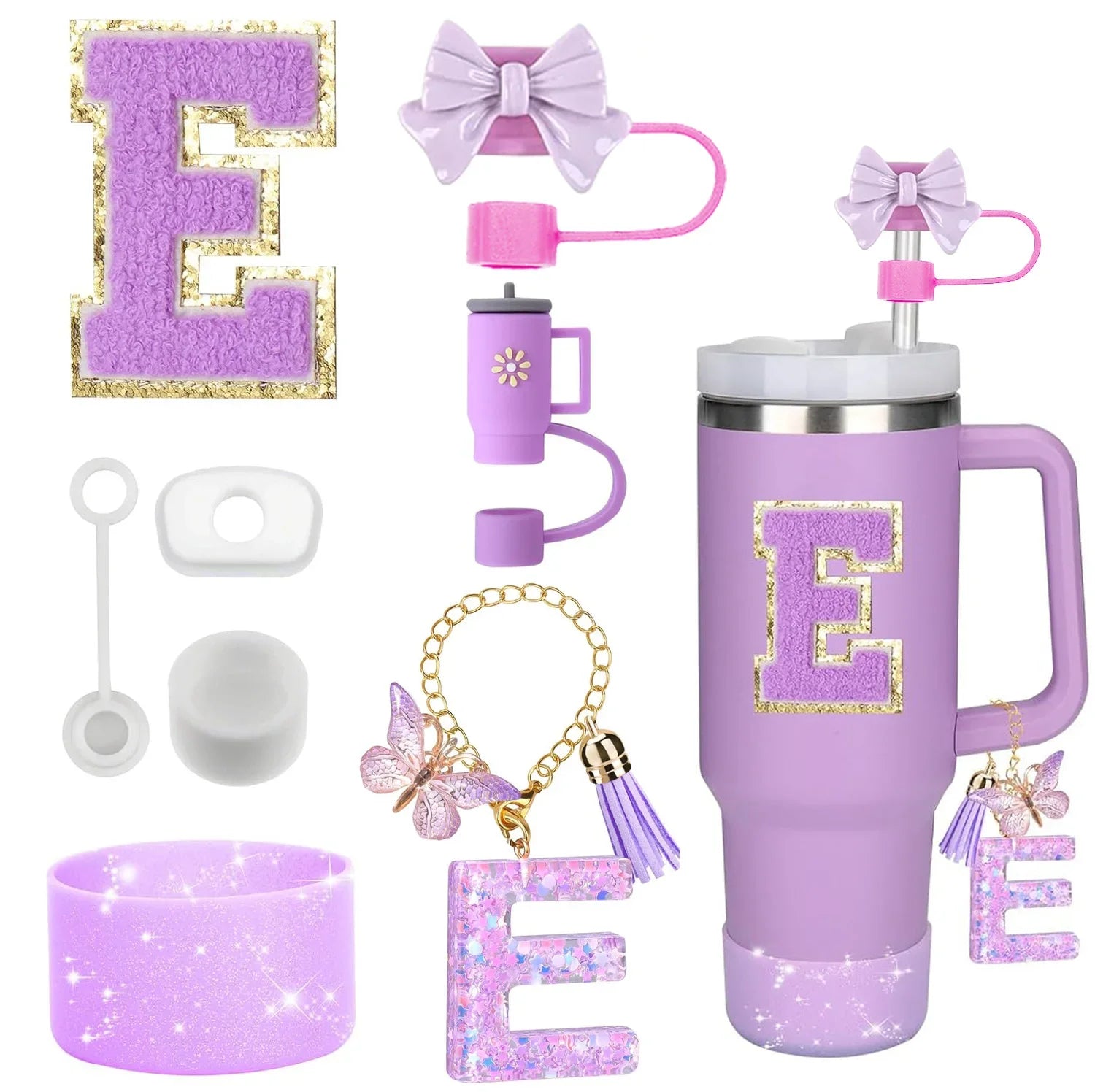 8-Piece Purple Tumbler Accessory Set — Silicone Straw Topper & Personalized Charms