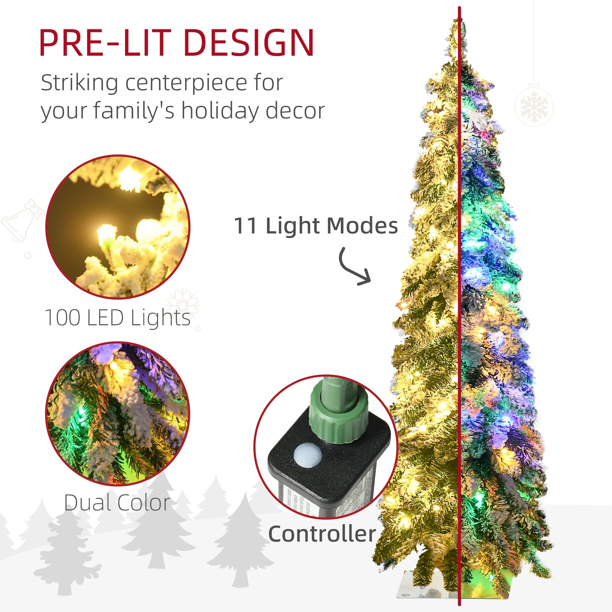 HOMCOM 4ft Slim Snow Artificial Christmas Tree — LED Lighted Pencil Tree