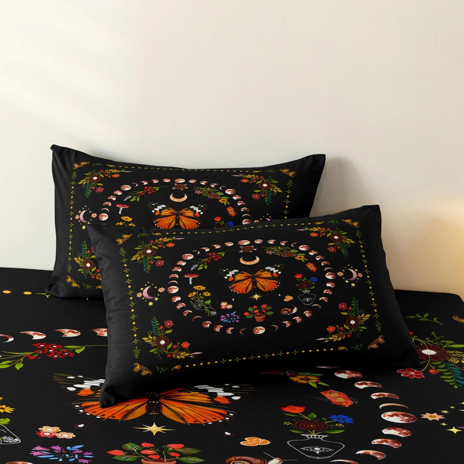Butterfly and Crescent Moon Duvet Cover Set — Modern Floral Bedding, 3 Pieces