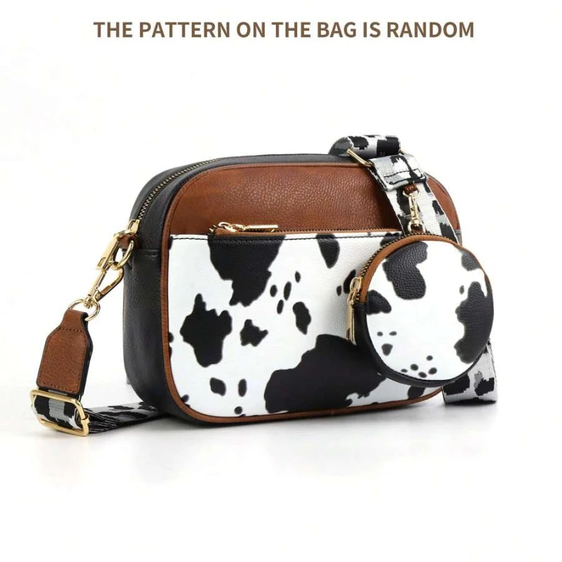 Retro Cow Pattern Crossbody Bag — Stylish Colorblock Shoulder Purse