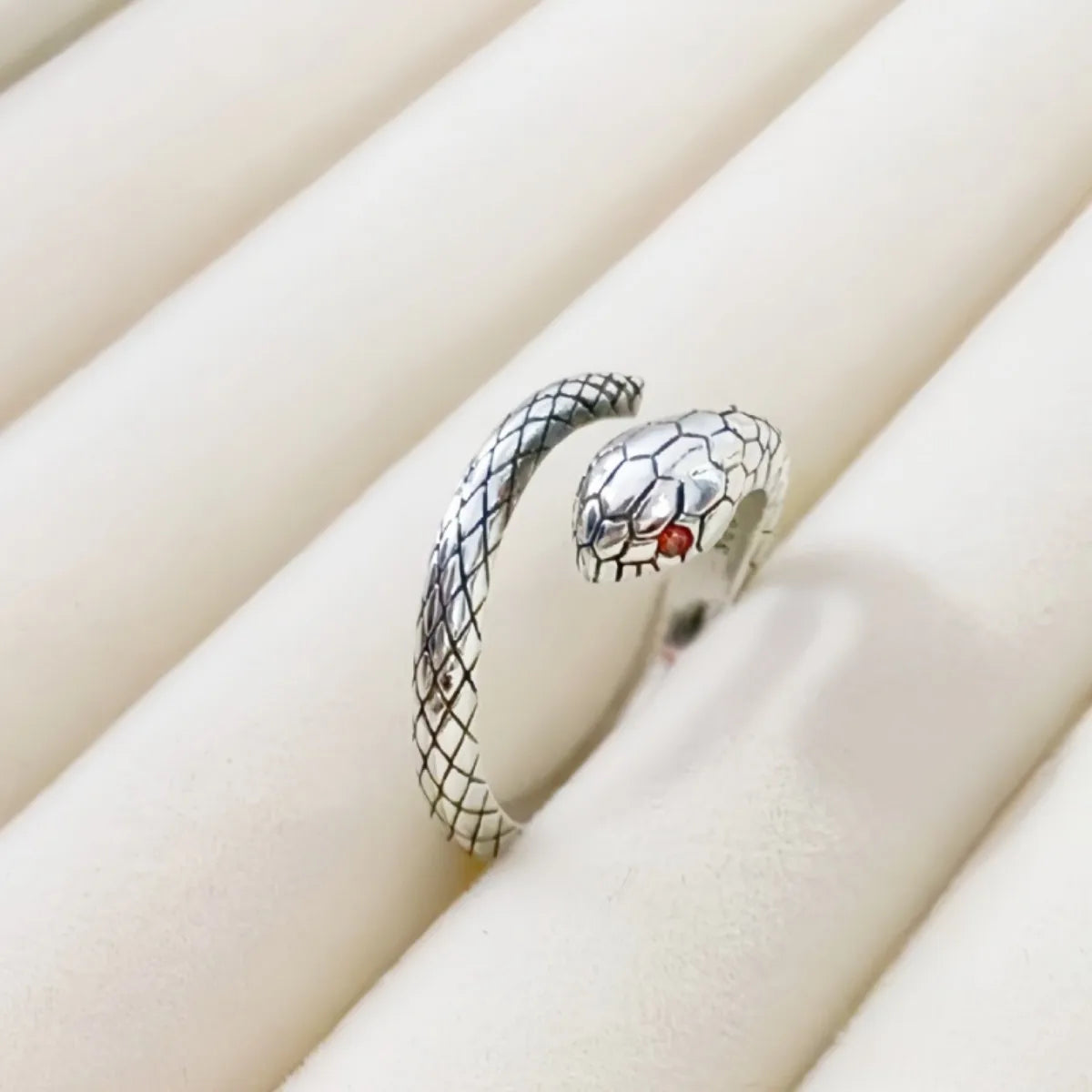 925 Sterling Silver Red Snake Ring — Adjustable Zircon Stackable Jewelry
