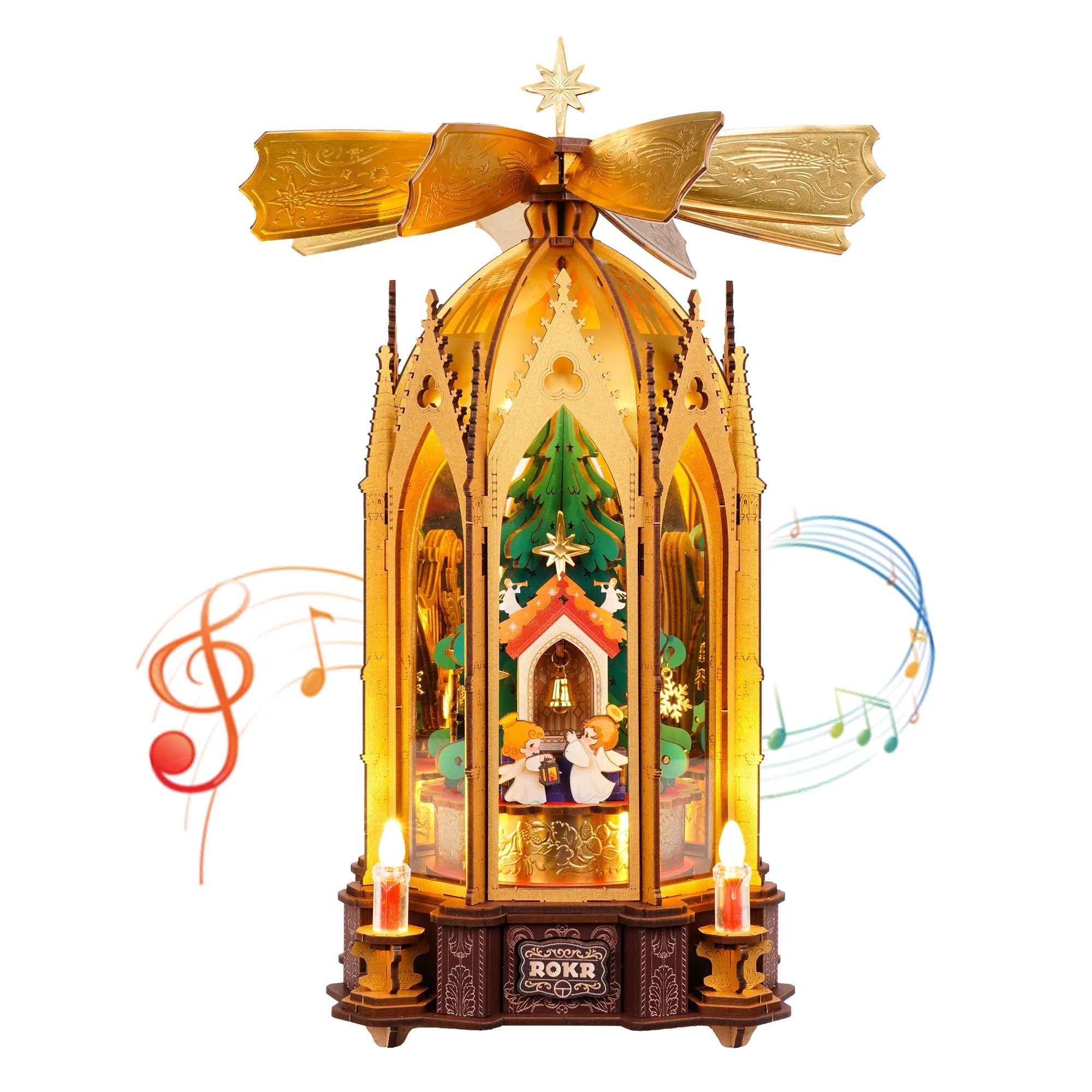 ROKR Angel's Christmas Pyramid — 3D Wooden Music Box with LED Light
