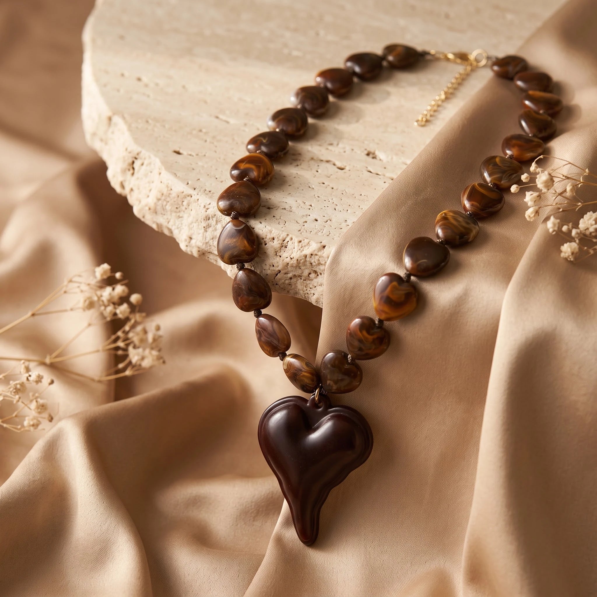 Obega Vintage Brown Heart Pendant Necklace — Boho Tiger Stripe Beaded Choker