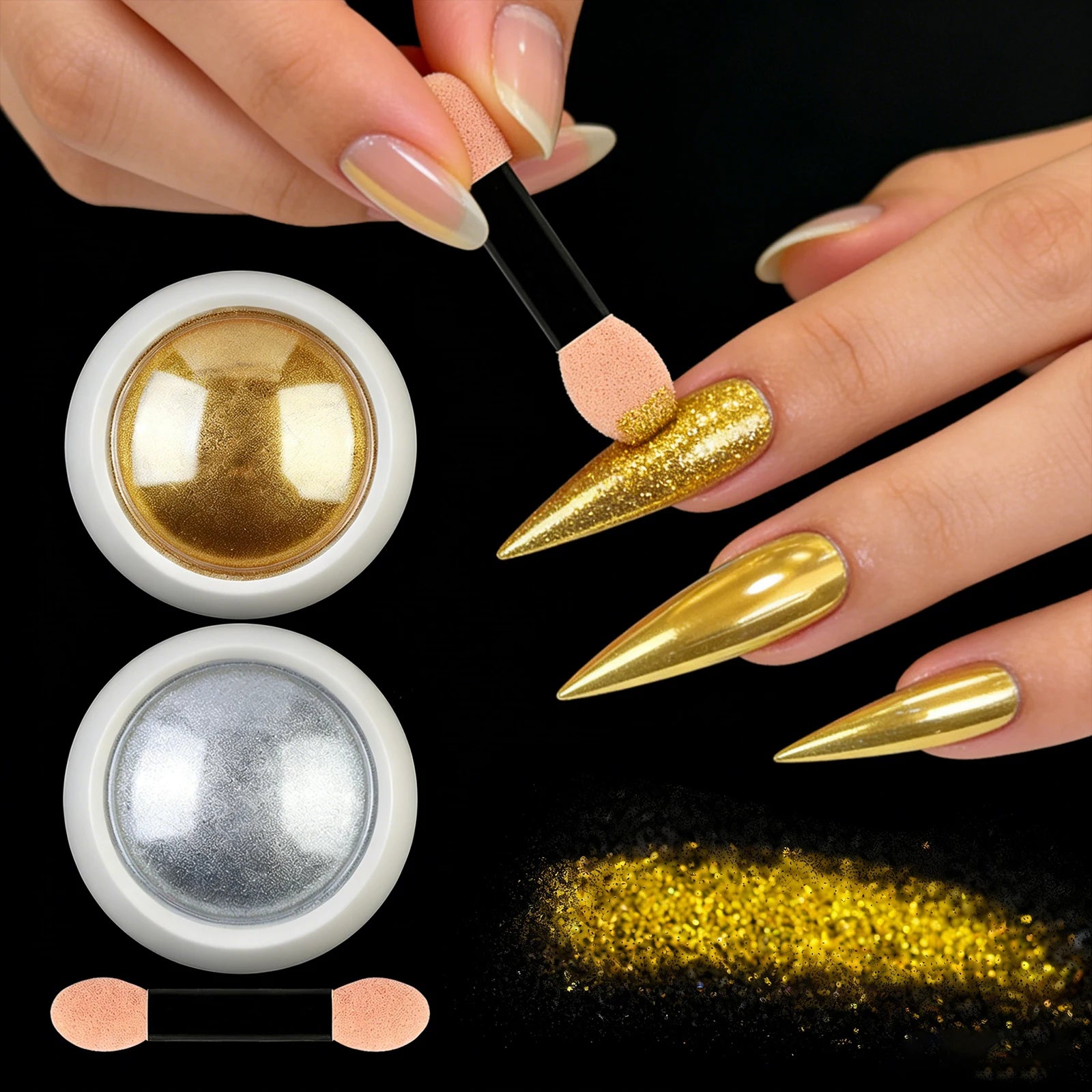 Misscheering Mirror Chrome Nail Powder Set — Metallic Glitter Pigment with Sponge Brush